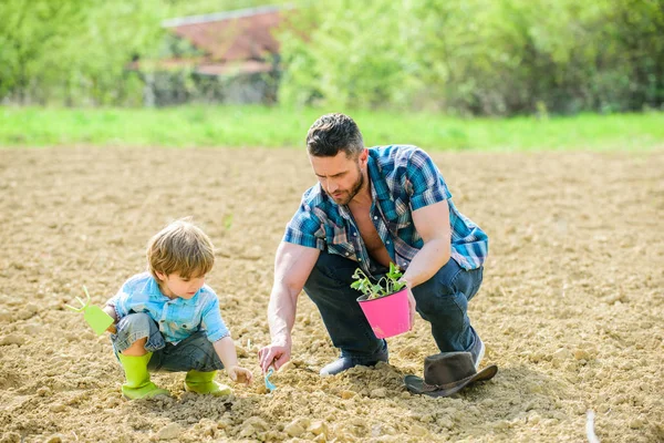 small boy child help father in farming. new life. soils and fertilizers. rich natural soil. earth day. Eco farm. father and son planting flowers in ground. happy earth day. Confidence in mind