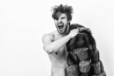 Lüks statü sembolü. Zenginlik ve lüks konsepti. Bekarlığa veda zengin sevgilisi. Çıplak vücut üzerinde çekici bir poz kürk manto adam. Lüks yaşam tarzı ve refah. Seksi uykulu maço tousled saç beyaz izole