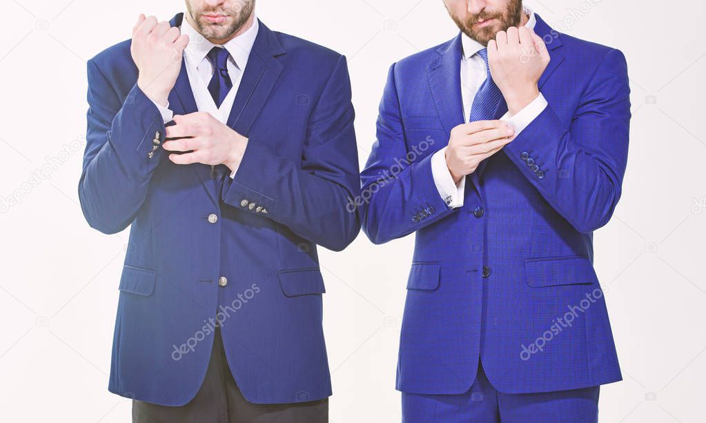 Male hands adjusting business suit close up. Confident in his style. Business people choose formal clothing. Every detail matters. Stylish details business appearance. Business style dress code