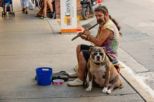 Sokak musian ya da flüt ABD'de köpekle oynayan adam — Stok fotoğraf