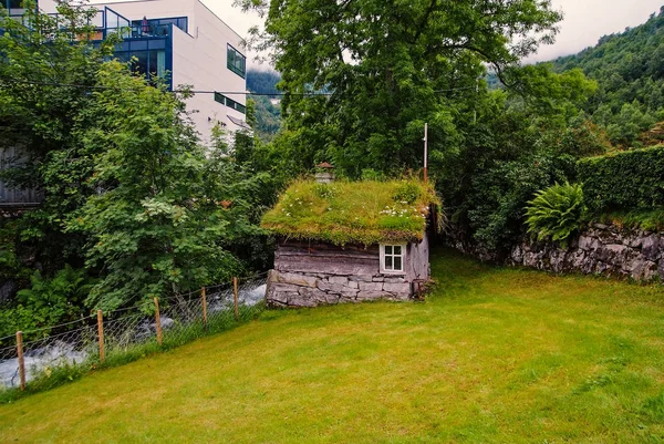 Eski ahşap ev çim çatı Geiranger, Norveç'te. Yaz manzara üzerinde geleneksel Norveç köy evi. Mimarlık, gelenek, tasarım. Tatil, Yolculuk tutkusu, gezi. Seyahat, keşif, yolculuk. — Stok fotoğraf