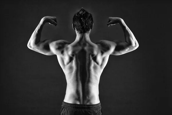 魅力的な男筋肉に戻る。優れた形状の誇りに思う。筋肉ボディービルダーのコンセプトです。健康で強い。マッチョ筋肉胴とハンサム。自分自身を向上させます。筋肉アスリート スタンドを自信を持って男します。 — ストック写真