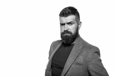 Sakallı ve serin. Hippi görünümü. Sakal moda ve Kuaför kavramı. Adam sakallı hippi şık moda ceket. Kuaför ipuçları sakal korumak. Şık sakal ve bıyık sonbahar ve kış sezon