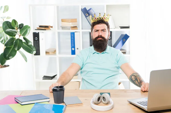Worker of month. Office is my kingdom. King of office. Man bearded businessman wear golden crown. Top manager head office. Boss enjoying glory. Head office and ceo concept. Chief executive officer