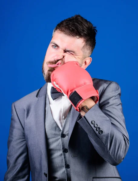 knockout and energy. Fight. Business and sport success. powerful man boxer ready for corporate battle. businessman in suit and bow tie. bearded man in boxing gloves punching. Strength and motivation