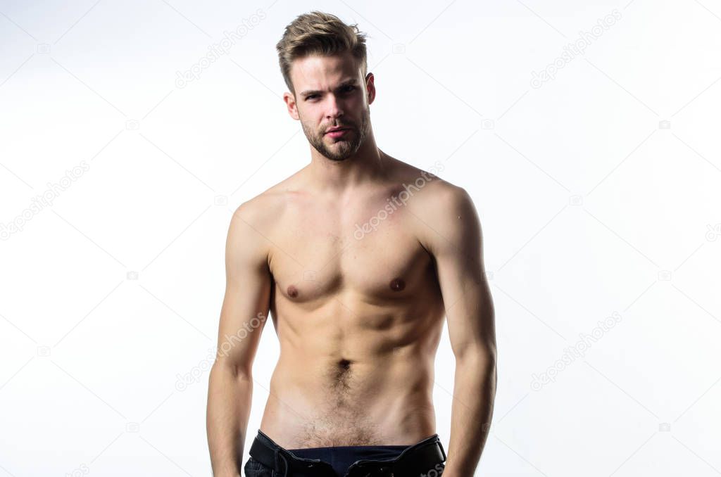 Good body. Athlete man, hair care. Muscular trainer after sport workout. Fitness diet. Desire and temptation. Male fashion and beauty. Sexy muscular macho. Six pack of sexy man with bare torso