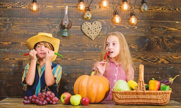 Family farm. Children presenting farm harvest wooden background. Reasons why every child should experience farming. Farm market. Siblings having fun. Kids farmers girl boy vegetables harvest