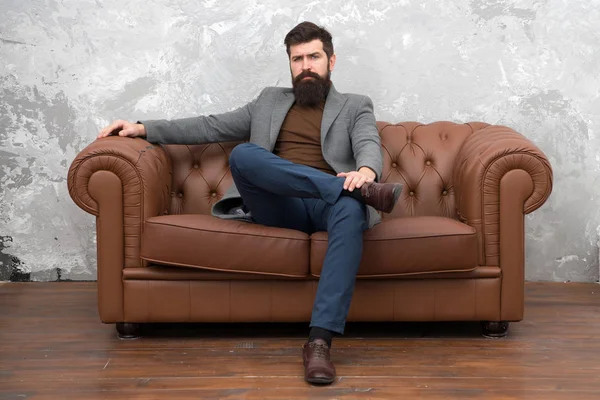 Rent apartment. Bearded man with confident face sit leather couch. Loft interior apartment. Businessman realtor work. Furniture shop. Hipster realtor loft style apartment. Realtor and rental service