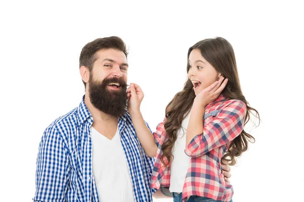 Only the best man can grow a beard. Little daughter touching beard of her father. Bearded man with long beard hair and small girl child. Trimming thick beard at barbershop — Stock Photo, Image
