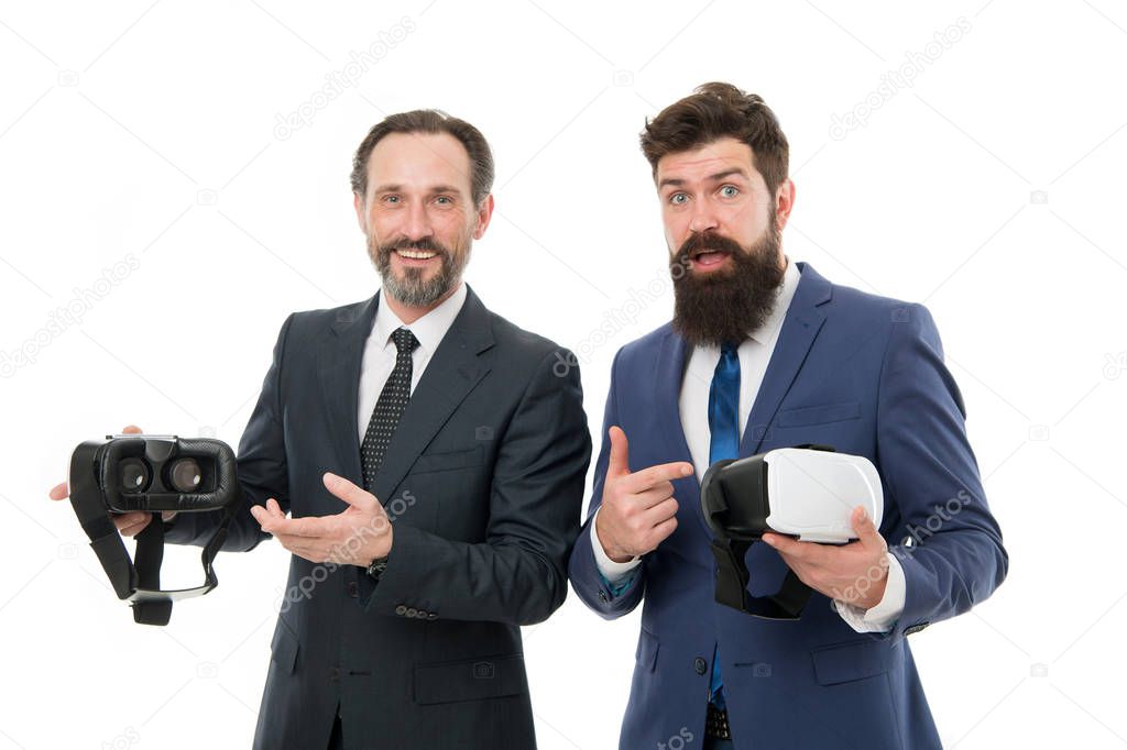 Virtual business. Online business concept. Men bearded formal suits. Digital and cyber technologies. Experimental experience. Business innovation. Vr presentation. Men vr glasses modern technology