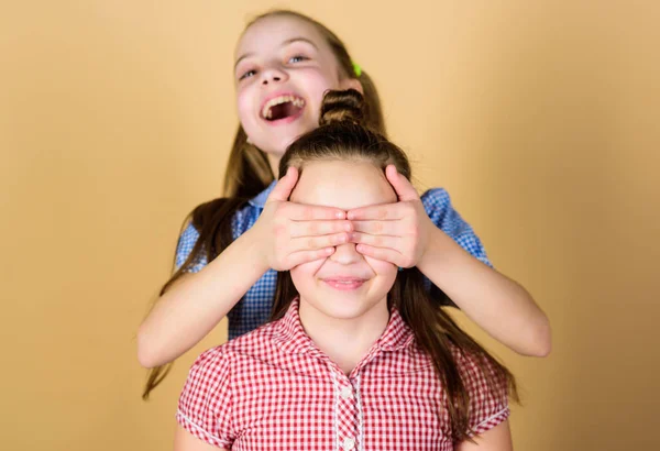 Girls sisters having fun together. Adorable sisters smiling faces. Family love. Sisterhood concept. Happy children play together. Having sister is always fun. Best friends forever. Happy childhood — Stock Photo, Image