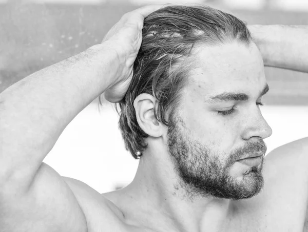 Man handsome bearded just wake up. Macho attractive appearance care about beauty. Essential practices beauty routine. Skin care and grooming. Your beauty schedule. Morning beauty routine checklist