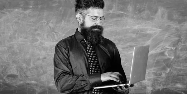 Éducation aux technologies modernes. Professeur hipster porter des lunettes et cravate tient ordinateur portable. Éducation aux technologies numériques. Commence la leçon. Professeur barbu homme avec fond moderne tableau noir ordinateur portable — Photo