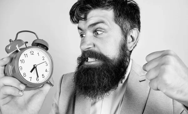 Час працювати. Чоловік бородатий агресивний бізнесмен тримає годинник. Концепція стресу. Гіпстер напружений графік роботи. Бізнесмен не має часу. Навички управління часом. Скільки часу до дедлайну — стокове фото