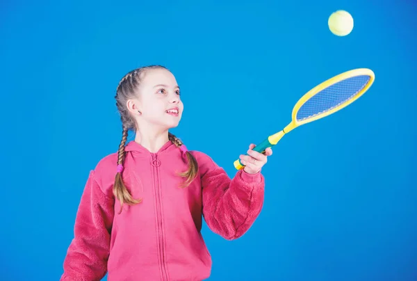 Tennis player with racket and ball. Little teen girl. Fitness diet brings health and energy. Happy child teen girl play tennis. Sport game success. Gym workout of teen girl. teen girl practice skills — Stock Photo, Image