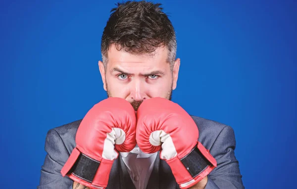 Businessman wear boxing gloves. Best criminal defense lawyer strategies. Attack and defense concept. Achieve success. Tactics proven to work. Criminal defense lawyer planning out strategies