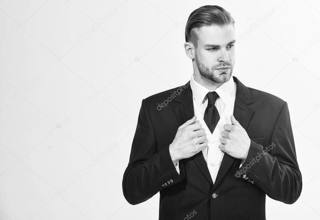 Bearded businessman in formal suit. Successful businessman get ready for conference. Serious motivated focused entrepreneur. Businessman concept. Confident businessman isolated on white background
