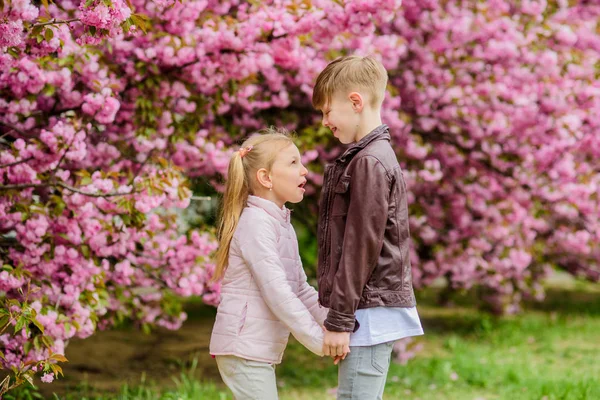 Love is in the air. Tender love feelings. Little girl and boy. Romantic date in park. Spring time to fall in love. Kids in love pink cherry blossom. Couple adorable lovely kids walk sakura garden — Stock Photo, Image