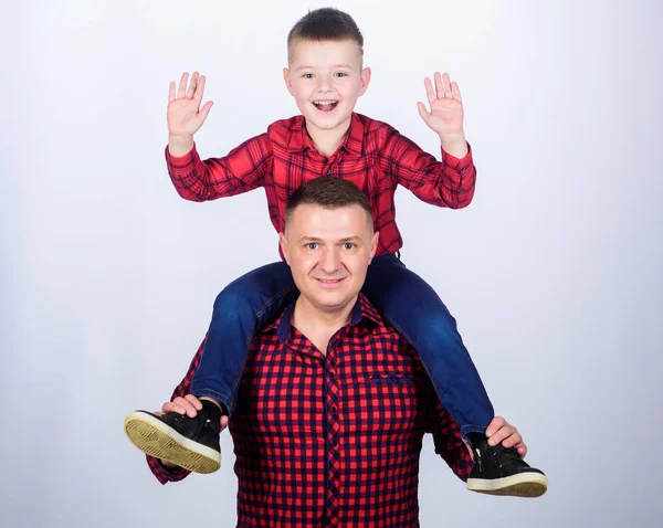 Best friends forever. Happiness being father of boy. Dad and adorable child. Parenthood concept. Fathers day. Father example of noble human. Cool guys. Father little son red shirts family look outfit