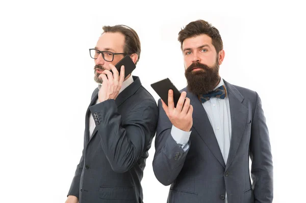 Staying connected. mature men. Agile business. bearded businessmen in formal suit. collaboration and teamwork. partnership of men speaking on phone. business communication on meeting. team success — Stock Photo, Image