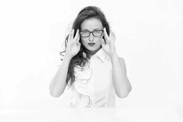 Full concentration at work. Back to school. Girl with red lips in glasses. Fashion and beauty. Pretty school teacher. Business school coach. Dress code. Sexy businesswoman. Confident in her knowledge — Stock Photo, Image