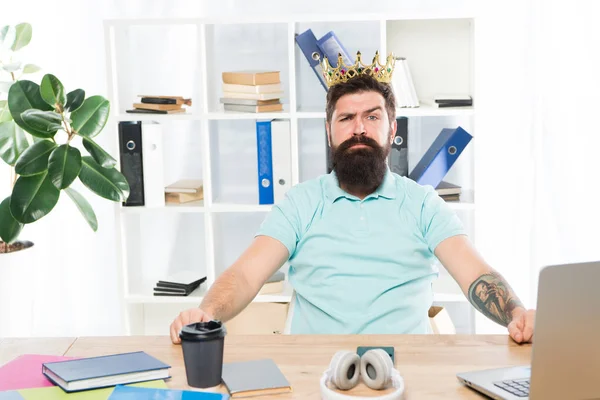 Office is my kingdom. King of office. Man bearded businessman wear golden crown. Top manager head office. Boss enjoying glory. Head office and ceo concept. Chief executive officer. Worker of month
