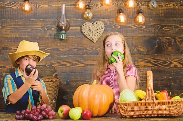 Family farm. Children presenting farm harvest wooden background. Siblings having fun. Farm market. Farming teaches kids where their food comes from. Kids farmers girl boy vegetables harvest