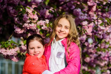 çiçek kokusu, alerji. Kardeşlik. Cilt için doğal kozmetik. kiraz çiçeği mutlu kız kardeşler. Sakura çiçek açıyor. Yaz. Çocukluk güzelliği. Aile günü. bahar çiçek çiçek küçük kız çocuklar