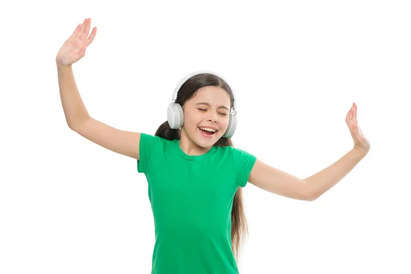 Play any song. Try premium account. Enjoy nonstop music. Privilege of premium music account. Little girl listen music modern headphones. Small kid listen music headphones. No ad interruptions — Stock Photo, Image