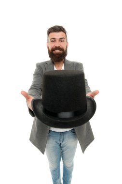 Magic trick performans konsepti. Sirk sihirbazlık numarası performansı. Eğlence ve tiyatro. Sihir gösterisi. Kurnaz numaralar ustası. Alkışların tadını çıkarıyorum. Sokak gösterisi. Adam sakallı adam sihirbaz