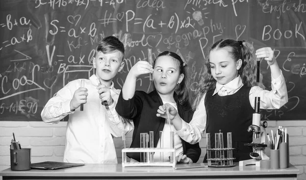 결과 확인 합니다. 여자 고 보 학생 행동 실험 액체입니다. 팀워크 개념입니다. 다채로운 액체 물질 테스트 튜브입니다. 액체 상태의 연구입니다. 그룹 학교 학생 연구 화학 액체 — 스톡 사진
