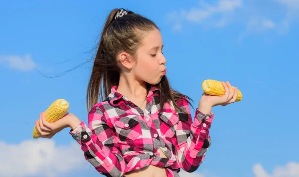 Χορτοφαγική ιδέα διατροφής. Το μικρό κορίτσι κρατάει κίτρινο καλαμπόκι στο φόντο του ουρανού. Κορίτσι χαρούμενο κρατήσει ώριμα κάλους. Συγκομιδή και διασκέδαση. Τα παιδιά λατρεύουν την τροφή καλαμποκιού. Καλαμπόκι χορτοφαγικό και υγιές βιολογικό προϊόν — Φωτογραφία Αρχείου