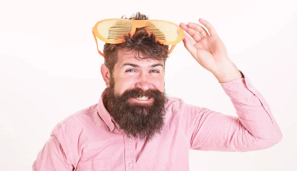 Sunglasses vacation attribute. Eye protection sunglasses summer accessory. Bearded man wear sunglasses. How to get ready for your next vacation. Hipster wear shutter shades extremely big sunglasses