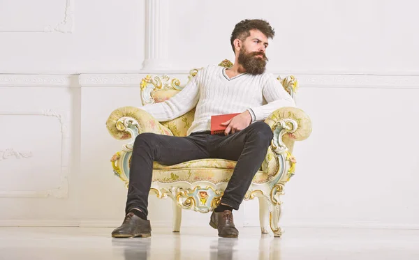 Conocedor del concepto de literatura. Macho pasa el ocio con el libro. Hombre con barba y bigote se sienta en el sillón y la lectura, fondo blanco de la pared. Conocedor, en la cara reflexiva disfrutar de la literatura —  Fotos de Stock