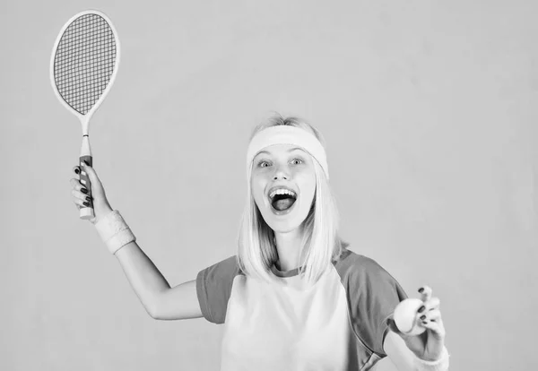 Active leisure and hobby. Girl fit slim blonde play tennis. Sport for maintaining health. Active lifestyle. Woman hold tennis racket in hand. Tennis club concept. Tennis sport and entertainment — Stock Photo, Image