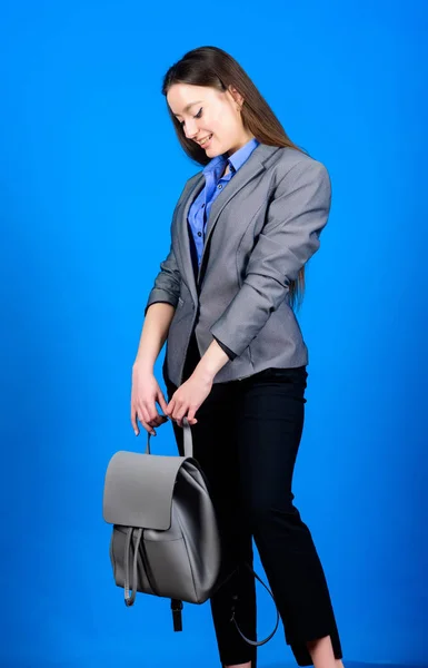Girl student in formal clothes. female bag fashion. business. Shool girl with knapsack. student life. Smart beauty. Nerd. stylish woman in jacket with leather backpack. You must study — Stock Photo, Image