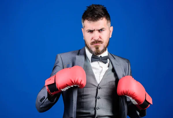 Inspired to work hard. knockout and energy. Fight. bearded man in boxing gloves punching. powerful man boxer ready for corporate battle. businessman in formal suit and tie. Business and sport success — Stock Photo, Image