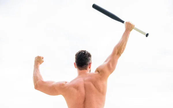 man with baseball bat. Simply the best. muscular back man isolated on white. posing in gym. criminal. Hooligan man hits the bat. Bandit gang and conflict. a full of energy. sport activity and gam
