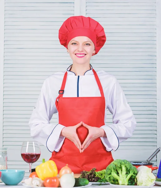 Improve culinary skill. Best culinary recipes to try at home. Welcome to my culinary show. Woman pretty chef wear hat and apron. Uniform for professional chef. Lady adorable chef teach culinary arts