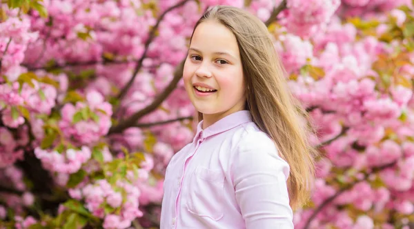 Liten flicka njuta av våren. Kid på rosa blommor av Sakura Tree bakgrund. Kid njuter körsbärsblomma Sakura. Happy Spring Vacation. Vår i botanik trädgård. Det är så våren luktar. Anbud Bloom — Stockfoto