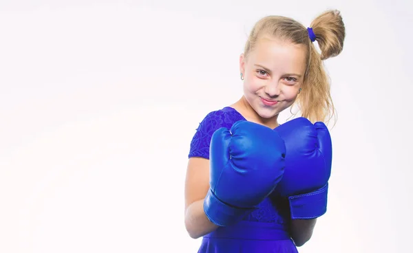 Sport and health concept. Boxing sport for female. Girl child with blue gloves posing on white background. Sport upbringing. Be strong. Strong child boxing. Upbringing for leadership and winner — Stock Photo, Image
