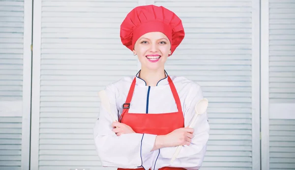Lady adorable chef teach culinary arts. Professional culinary tips. Culinary show concept. Woman pretty chef wear hat and apron. Delicious and easy recipes. Best culinary recipes to try at home