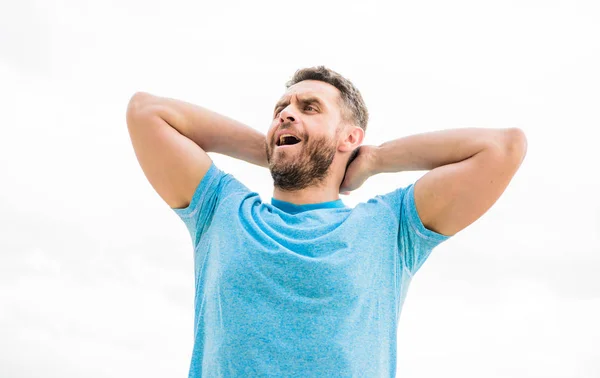 Handsome strong guy isolated on white. Male beauty and healthy body. Healthy and happy. Keep youth and freshness even at mature age. Man with muscular arm biceps. Healthy lifestyle key infinity life