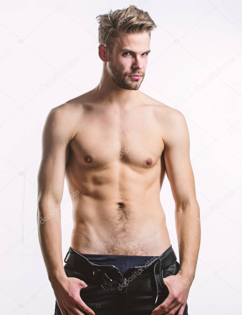 Attractive sexy body. Confident in his attractiveness. Man handsome sexy undressing. Hipster sexy muscular torso take off clothes. Sexual performance. Feeling so hot. Seductive macho feeling sexy