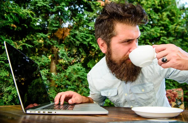 Negócio perfeito. Trabalhador de escritório. Empresário de sucesso. hipster barbudo brutal na pausa para o café. homem feliz trabalhando no laptop. negócios ágeis. Sucesso empresarial. Bebe café. Conceito de lucro e riqueza — Fotografia de Stock