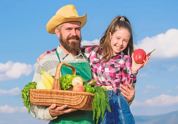 Homem barbudo agricultor rústico com filho. Pai e filha segurar cesta colheita legumes. Jardinagem e colheita. Conceito de fazenda familiar. Colheita da família de agricultores. Apenas a colheita biológica e fresca — Fotografia de Stock