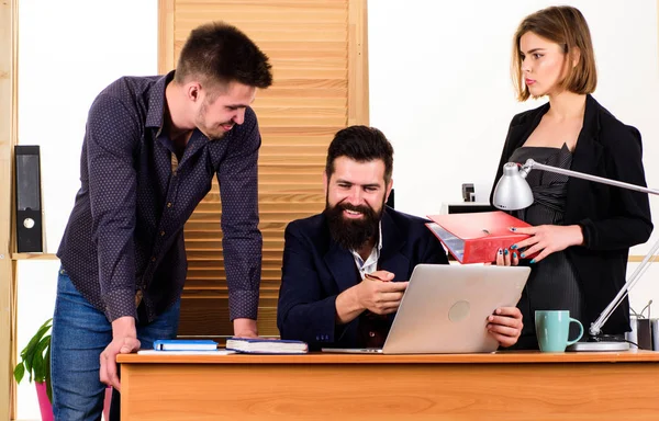 I colleghi comunicano risolvendo i compiti aziendali. Lavoriamo insieme. Processo di lavoro. Incontro d'affari. Piccola minoranza femminile. Donna attraente signora che lavora con i colleghi uomini. Concetto collettivo di ufficio — Foto Stock