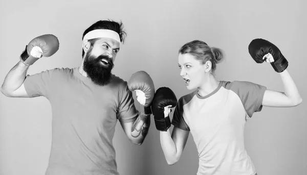 Pain is temporary, Pride is forever. training with coach. Happy woman and bearded man workout in gym. sportswear. Fight. knockout and energy. couple training in boxing gloves. punching, sport Success — Stock Photo, Image