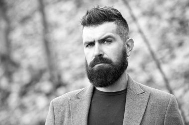 Hipster görünümü. Sakallı hippi adam şık bir palto. Şık sakal ve bıyık sonbahar ve kış mevsimi. Sakallı ve havalı. Berber ipuçları sakal bırakır. Sakal ve berber konsepti