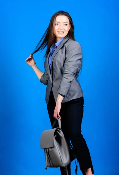 Backpack for daily modern urban life. Woman with leather knapsack. Girl student in formal clothes. Backpack fashion trend. Stylish woman in jacket with leather backpack. Formal style accessories — Stock Photo, Image
